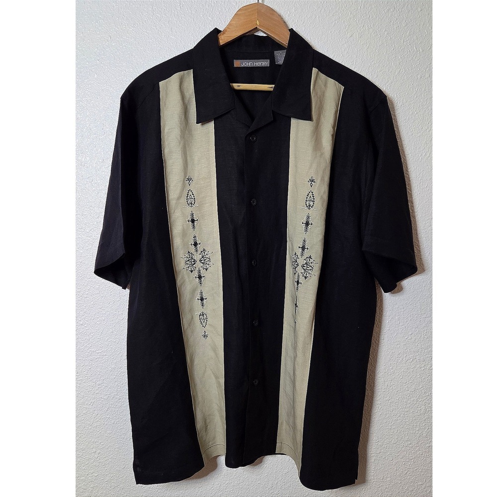 Retro Bowling Shirt Linen Blend Embroidered Button Up Resort John Henry Lrg